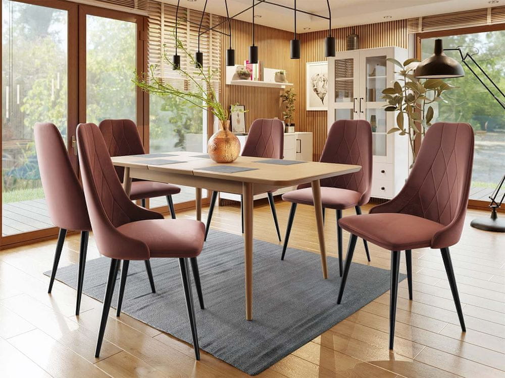 Veneti Rozkladací jedálenský stôl so stoličkami OLMIO 2 - prírodné drevo / čierny / ružový